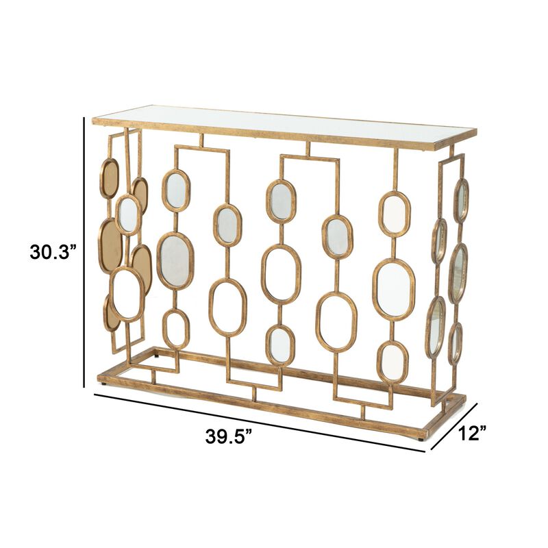39 Inch Iron Console Table, Modern Contemporary Mirror Top, Rustic Gold-Benzara