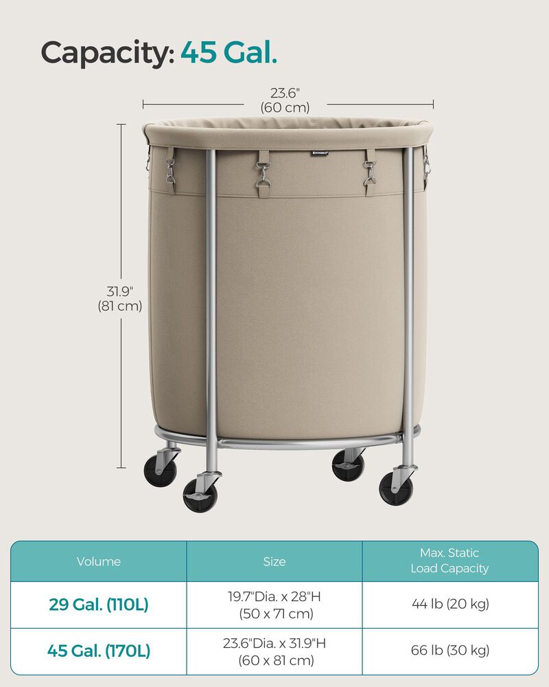 Laundry Basket with Wheels and Removable Bag, Steel Frame, 4 Casters and 2 Brakes