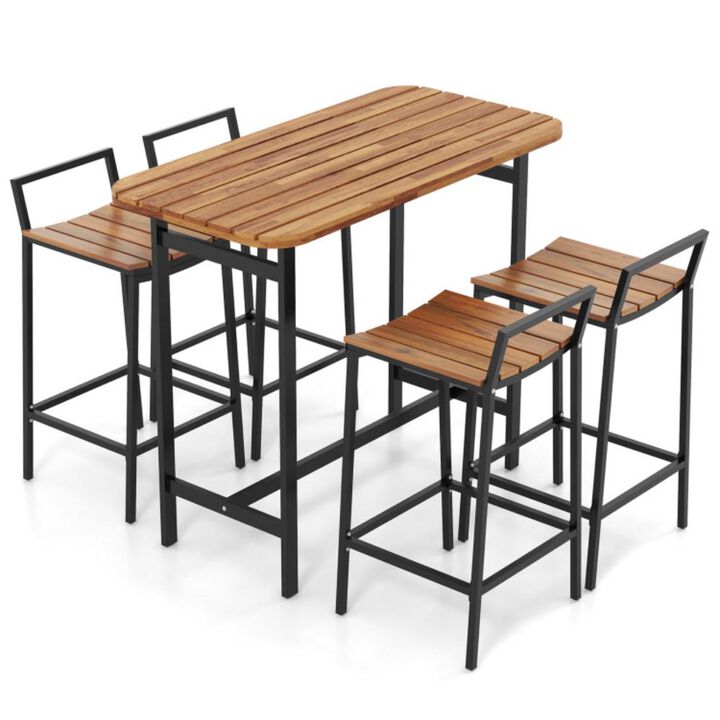 Hivvago 5 Piece Acacia Wood Bar Table Set Bar Height Table and Chairs with Metal Frame and Footrest