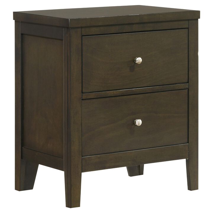 Wily Nightstand, Dark Brown Wood, 2 Drawers with Round Nickel Knobs - Benzara