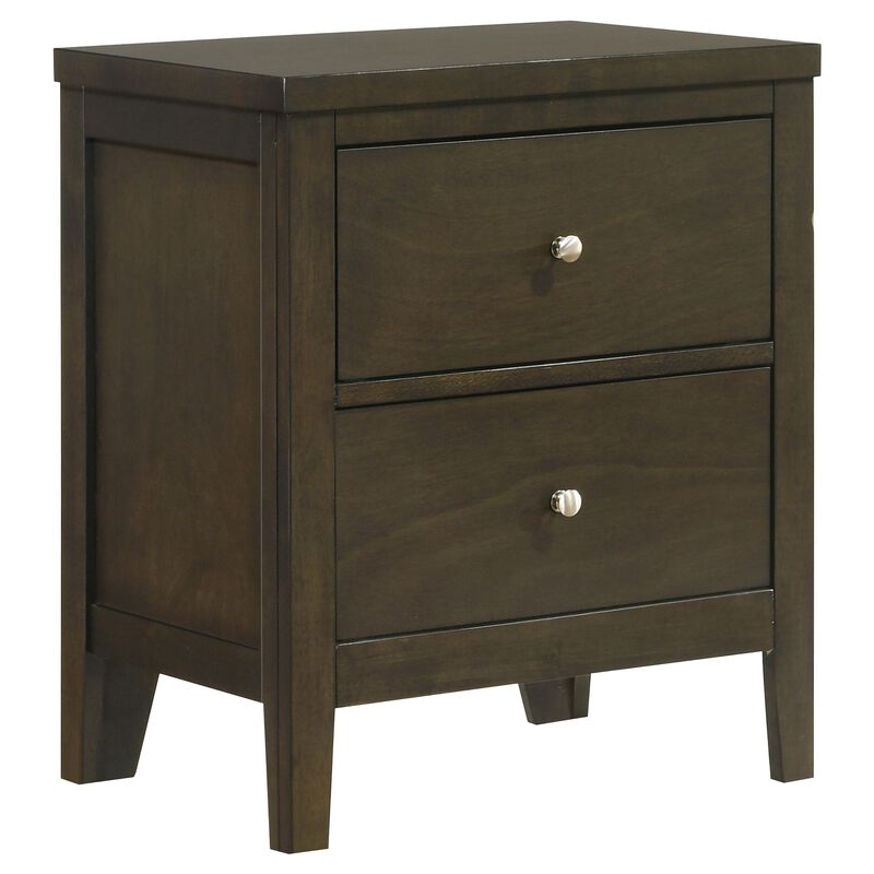 Wily Nightstand, Dark Brown Wood, 2 Drawers with Round Nickel Knobs - Benzara