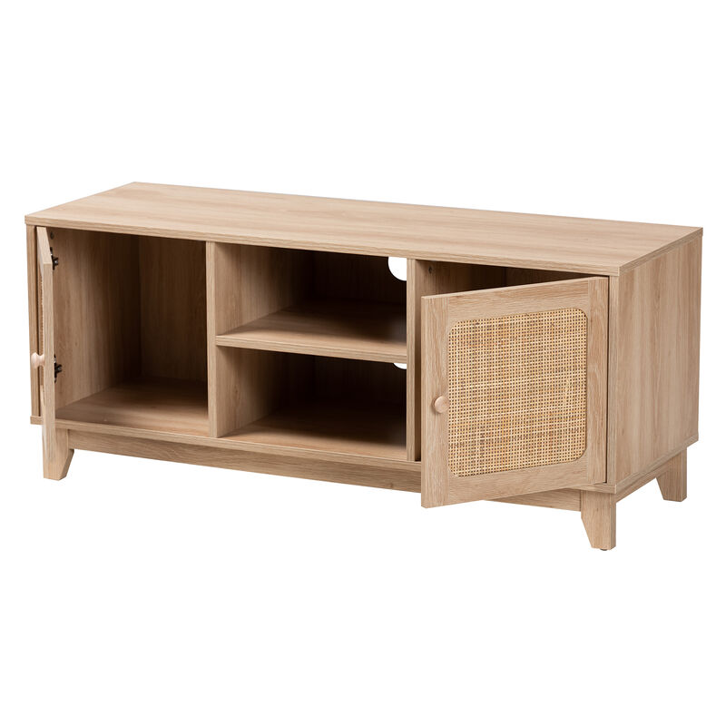 Baxton Studio Elsbeth  Light Brown Finished Wood and Natural Rattan 2 Door TV Stand