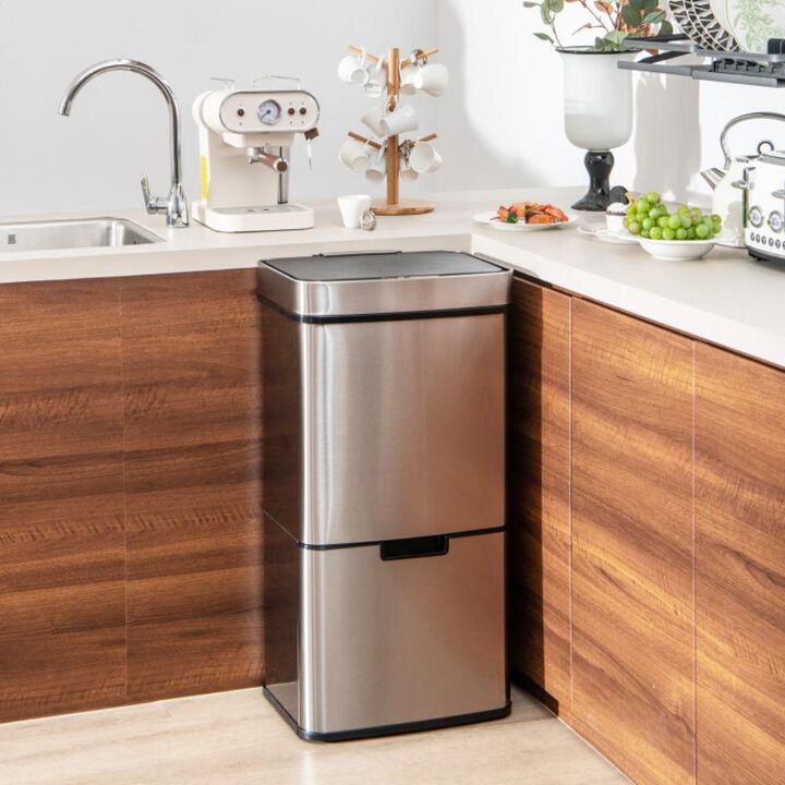 Hivvago 19 Gal Stainless Steel Trash Can with Kitchen Waste Bin and 2 Bottom Recycling Bins-Silver