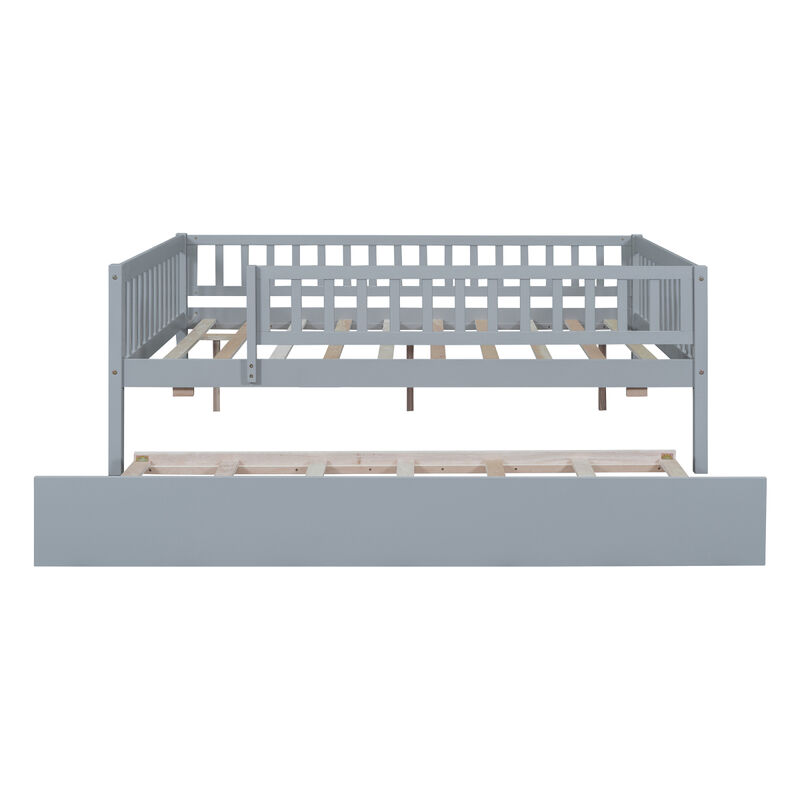 Full Size Wood Daybed With Trundle And Fence Guardrails
