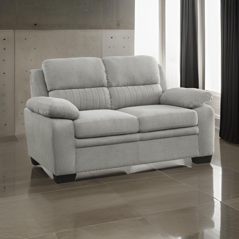 Hugh 58 Inch Loveseat, Gray Polyester, Soft Foam Cushioned, Solid Wood - Benzara