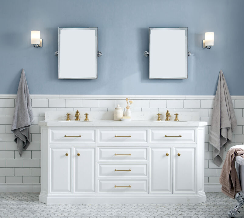 Palace 72 In. Double Sink Carrara Quartz Countertop Bath Vanity in Pure White with Satin Gold Hardware