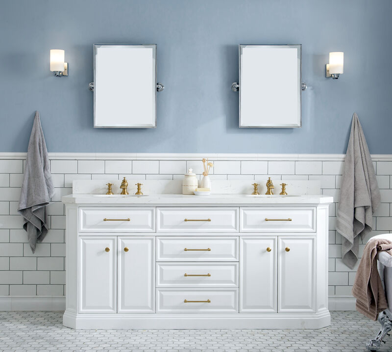 Palace 72 In. Double Sink Carrara Quartz Countertop Bath Vanity in Pure White with Satin Gold Hardware