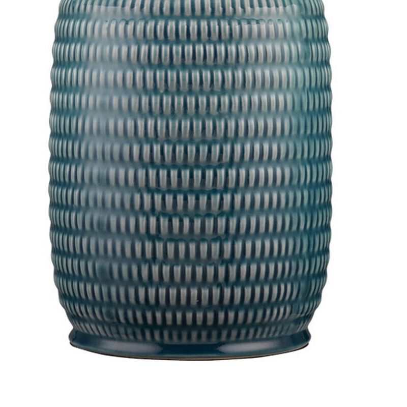 Table Lamp with Ribbed Ceramic Body and Fabric Shade, Blue-Benzara