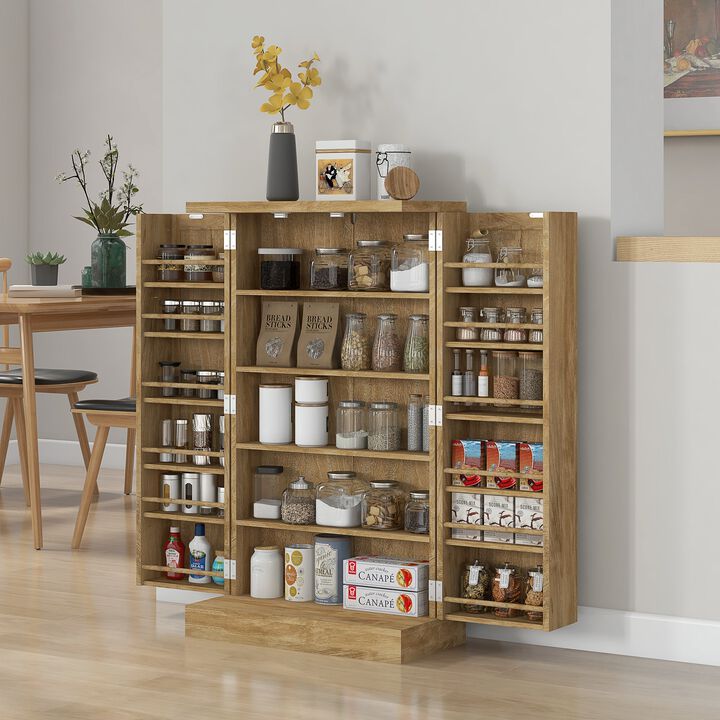 41" Natural Rattan Kitchen Pantry: 12 Door Shelves, 5-Tier, Adjustable