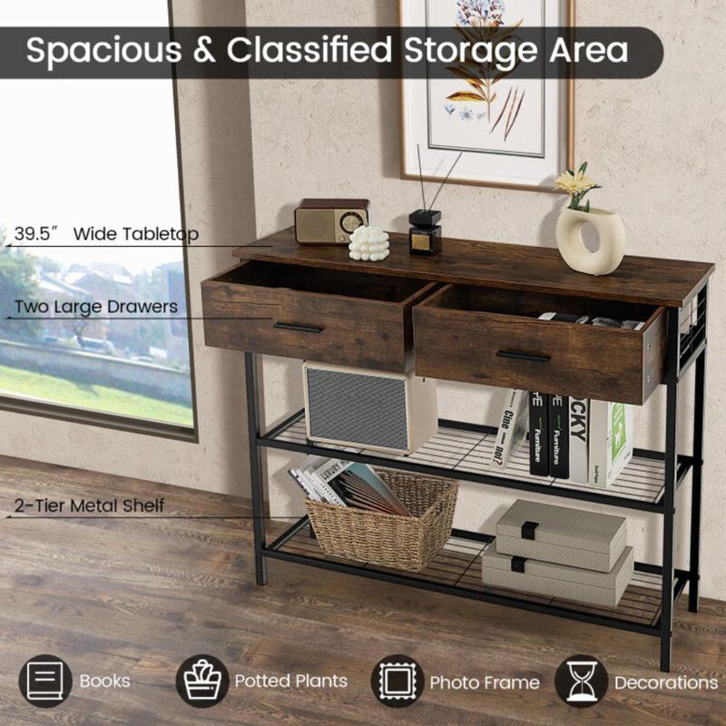Hivvago 39.5 Inch Entryway Table with 2 Drawers and 2-Tier Shelves