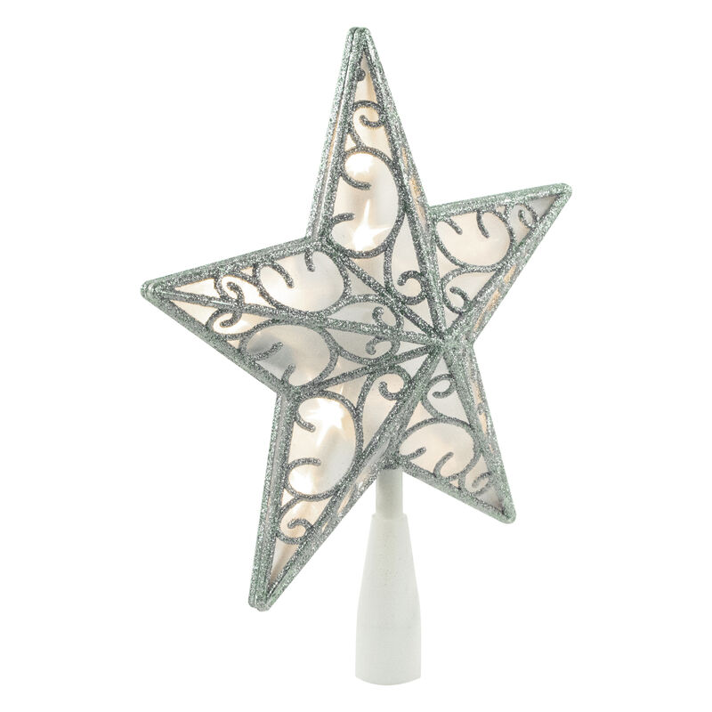 9" LED Lighted Silver Glitter Star Christmas Tree Topper  Warm White Lights