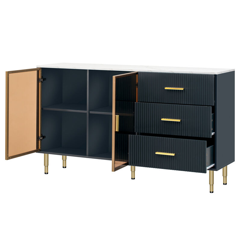 Modern MDF Buffet Cabinet with Glass Doors & Marble Top