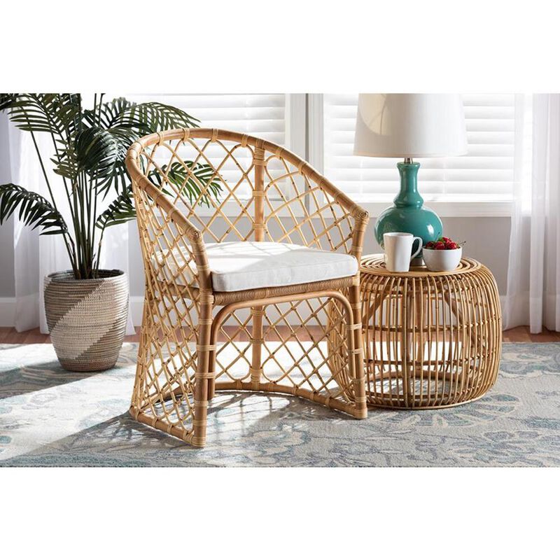 Baxton Studio White Fabric Upholstered and Natural Brown Rattan Dining Chair