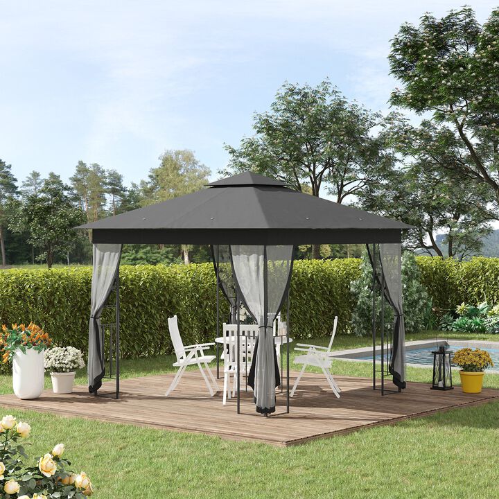 Grey Backyard Haven: 10x10 Gazebo with 2-Tier Roof and Curtains