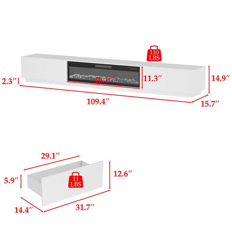 FUFU&GAGA 2-Drawer 1-Shelf TV Cabinet with Electric Fireplace (109.4" W x 15.7" D x 14.9" H), White