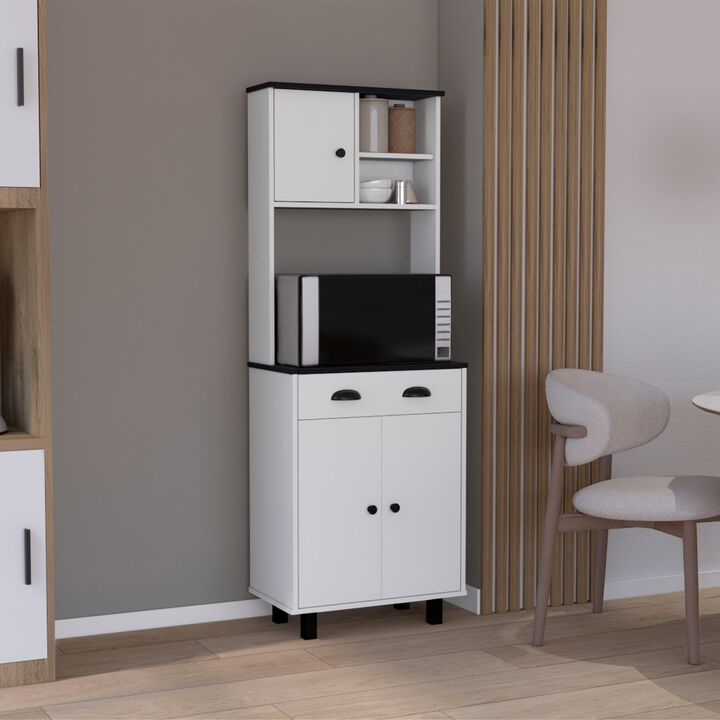 DEPOT E-SHOP Kitchen Pantry 67" H, Two Cabinets, Three Doors, Two Open Shelves, One Drawer, Microwave Storage Option, White/Black