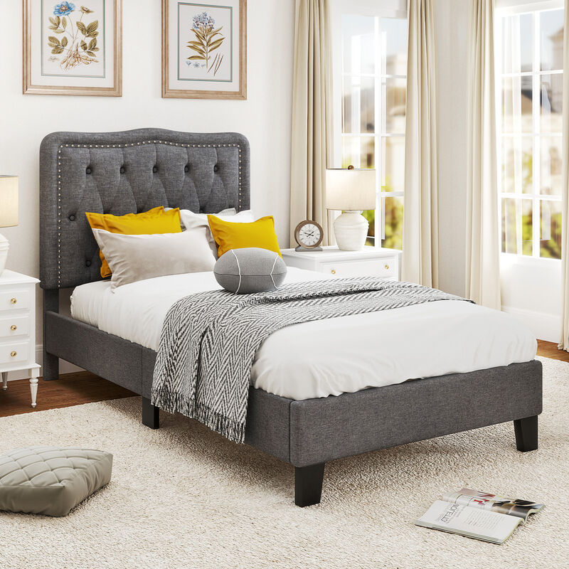 Bed Frame with  Tall Button Tufted Headboard