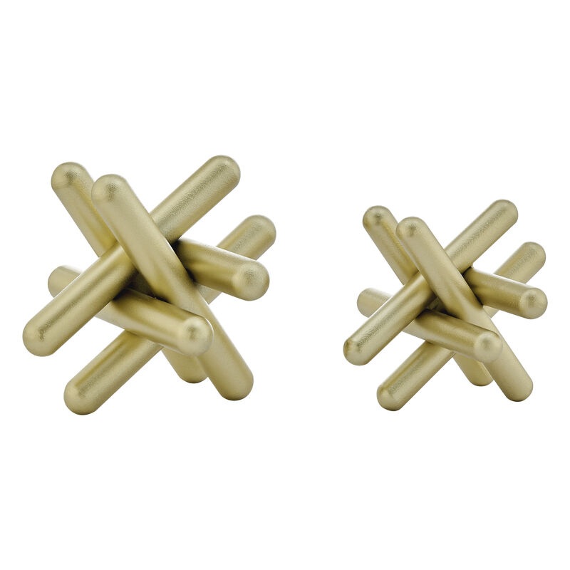 Small and Medium Abstract Gold Finish Textured Metal Geometric Sculptures - Set of 2
