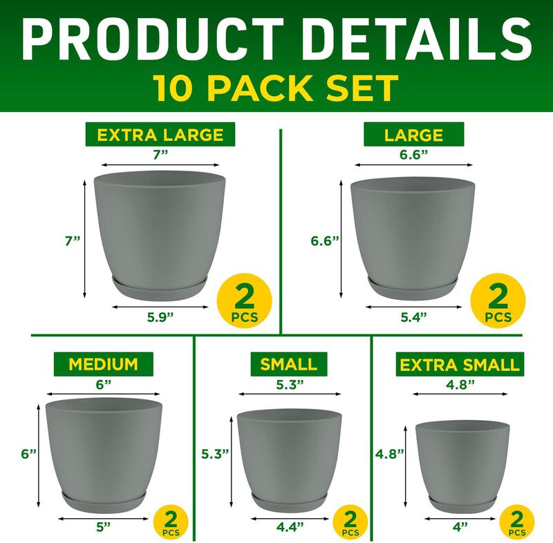 Planter Pots with Drainage Holes - Lightweight, Durable, and Space-Saving Pots for Indoor and Outdoor - Versatile Functionality, Simple Modern Design, Plastic Planter Pots