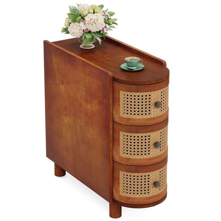 Office Reception Desk, 3-Drawer Rattan End Table, Sofa Side Table with Vintage Embossed Handles, Slim Nightstand for Living Room, Bedroom