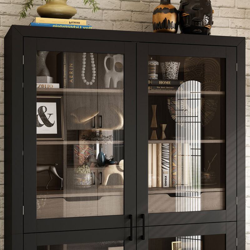 FUFU&GAGA Modern Glass Bookcase with Storage Drawers and Shelves, Tall Display Cabinet (47.2" W x 15.7" D x 74.8" H), Black