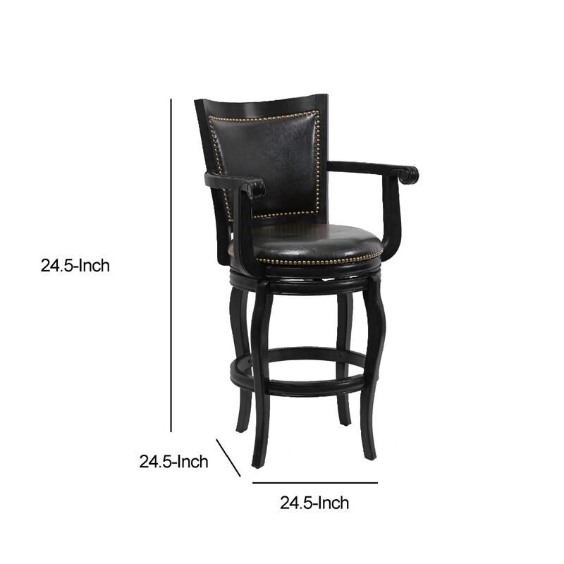 Hugo 29 Inch 360-Degree Swivel Barstool, Wood, Open Rolled Arms, Black-Benzara