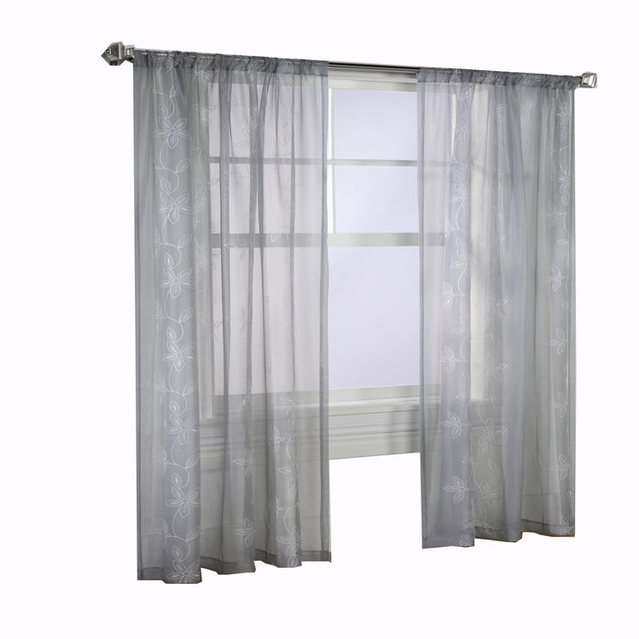 Commonwealth Habitat Elizabeth Rod Pocket Pindot Floral Embroidered Voile Panel - 50x108" - Grey