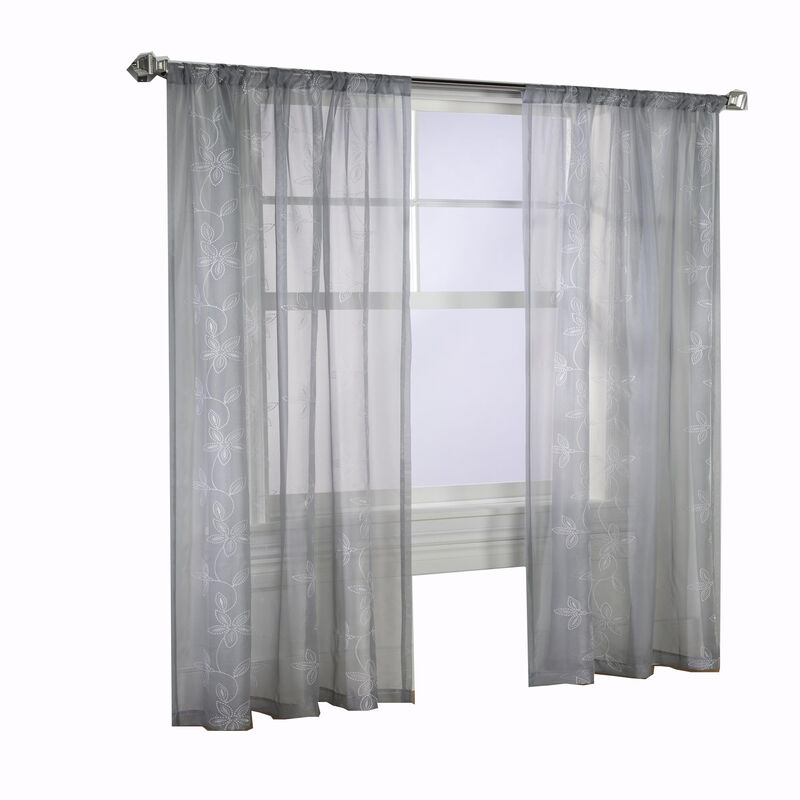 Commonwealth Habitat Elizabeth Rod Pocket Pindot Floral Embroidered Voile Panel - 50x108" - Grey