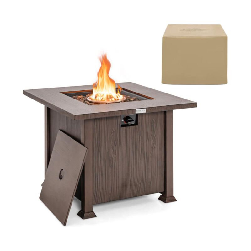 Hivvago 32 Inch 50 000 BTU Square Fire Pit Table with Lid and Lava Rocks-Brown