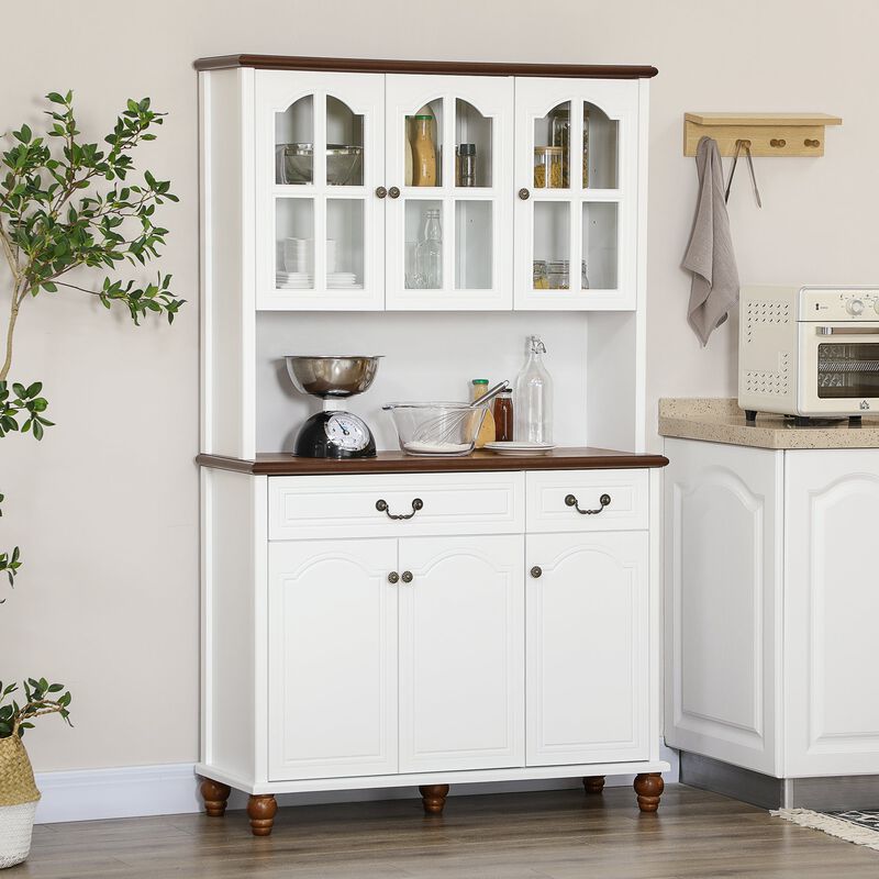 White Kitchen Hutch: Freestanding Pantry with 6 Doors & 2 Drawers