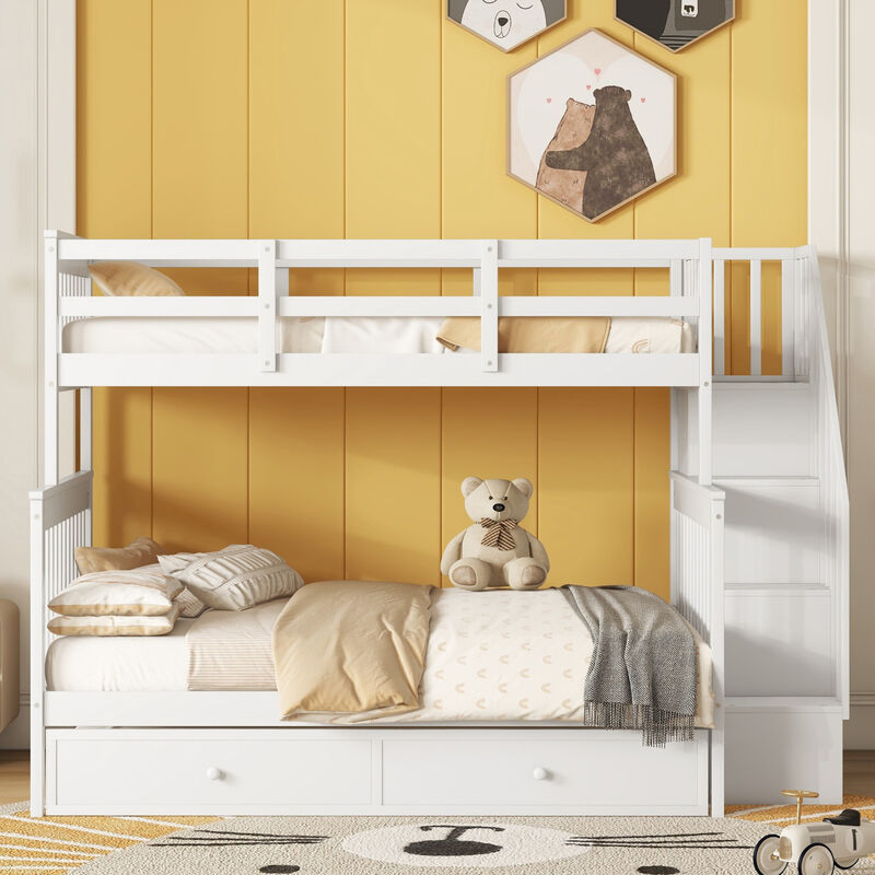 Twin Over Full Bunk Bed With Twin Size Trundle, Storage And Guard Rail For Bedroom