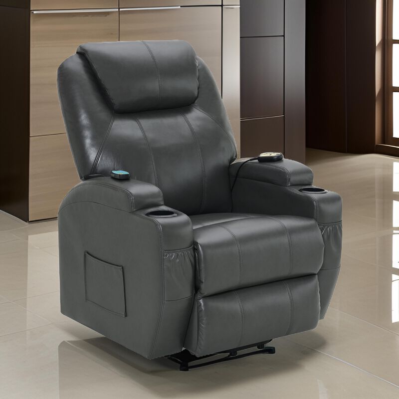 Sania Power Lift Recliner Chair, Gray Faux Leather, Cup Holders, Massage - Benzara