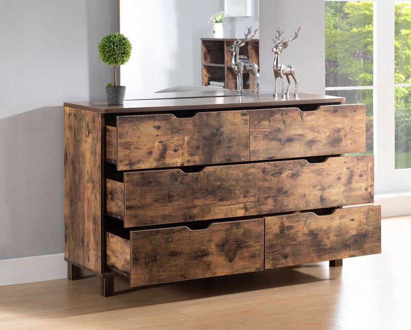 Distressed Wood Dresser with 6 Drawers & Cutout Curved Handles