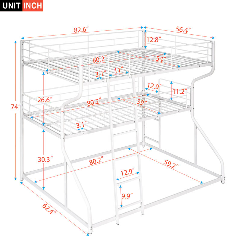 Full XL Over Twin XL Over Queen Size Triple Bunk Bed With Long And Short Ladder