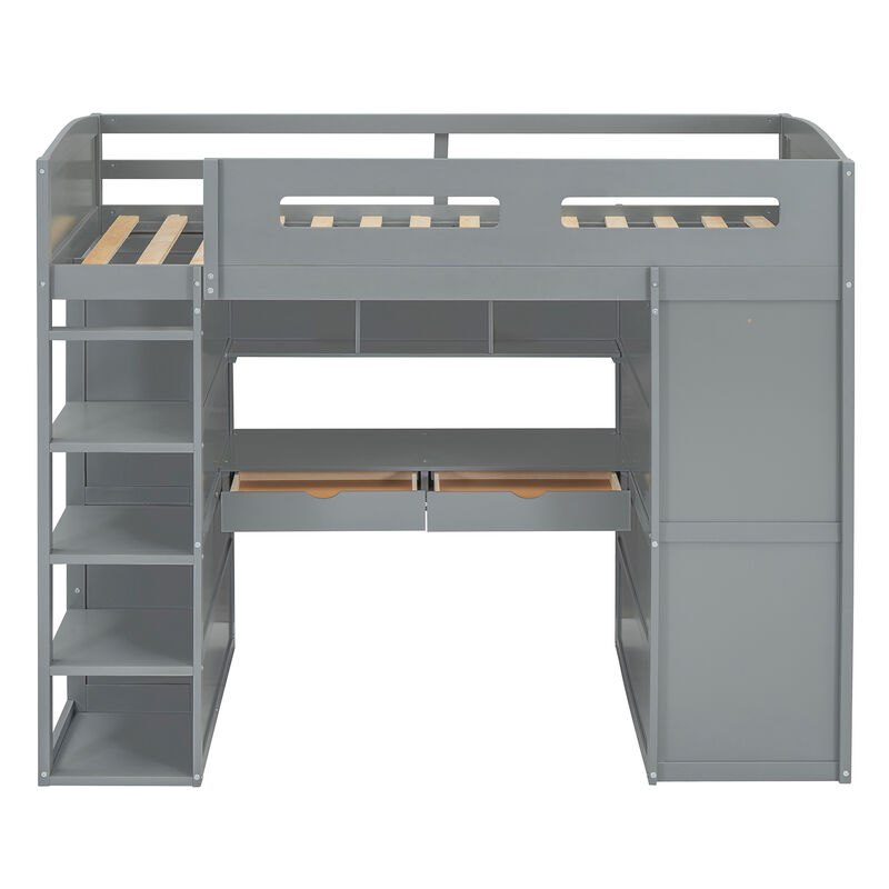Merax Classical Loft Bed with Desk and Wardrobes