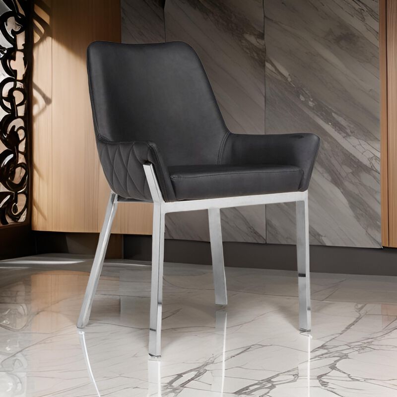 Fuma 23 Inch Set of 2 Dining Chairs, Foam Fill, Black Faux Leather, Silver - Benzara