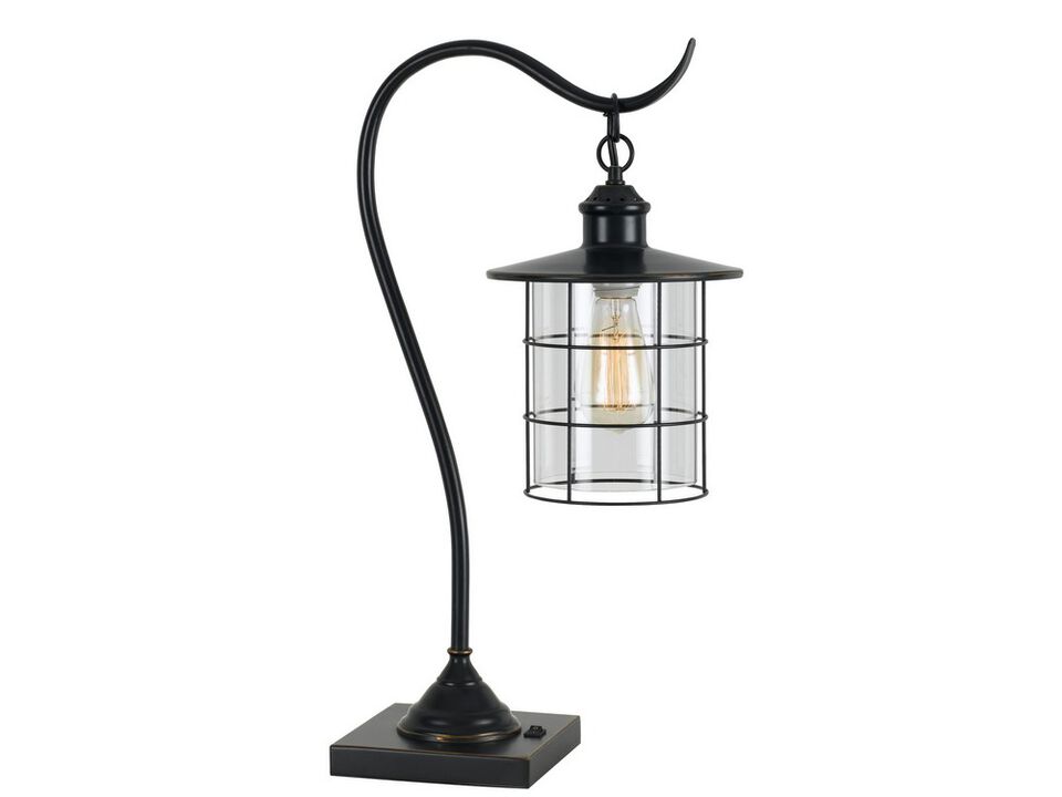 25 Inch Metal Downbridge Design Desk Lamp with Caged Shade, Dark Bronze - Benzara