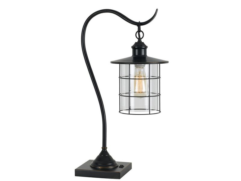 25 Inch Metal Downbridge Design Desk Lamp with Caged Shade, Dark Bronze - Benzara