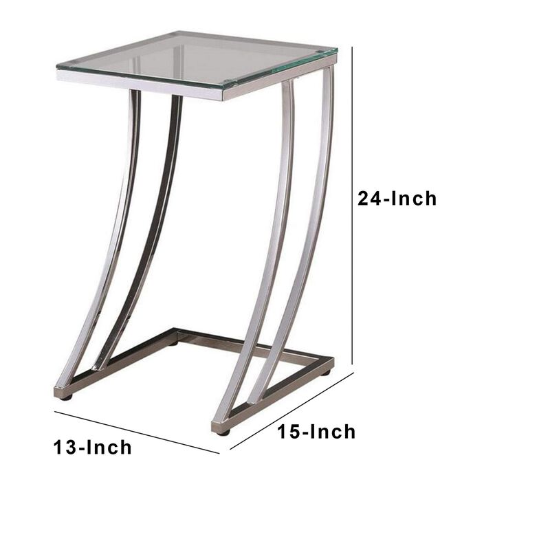 Contemporary Metal Accent Table With Glass Top, Clear And Silver-Benzara