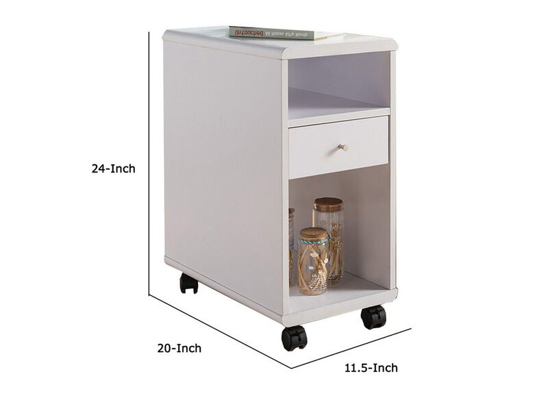 20 Inch Rolling Chairside Table, Single Drawer, 2 Open Shelves, Crisp White - Benzara