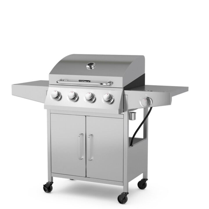 Hivvago 50000BTU 5-Burner Propane Gas Grill with Side Burner and 2 Prep Tables-Silver