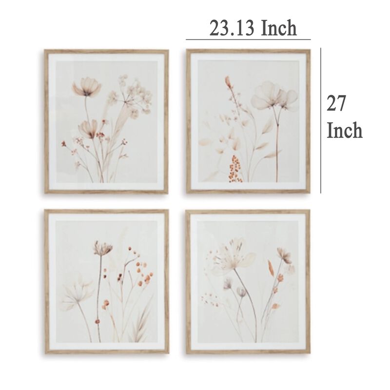 Corwin Wall Art Set of 4, Simple Flowers, Light Brown Wood Frame 23x27 - Benzara