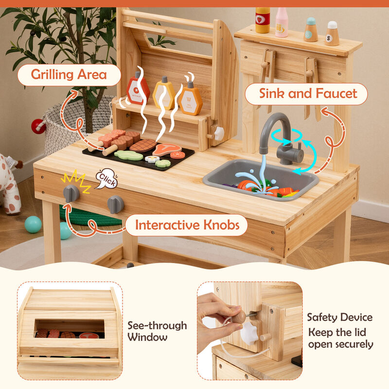 Wooden Barbecue Grill Playset with Play Food and Open Shelves
