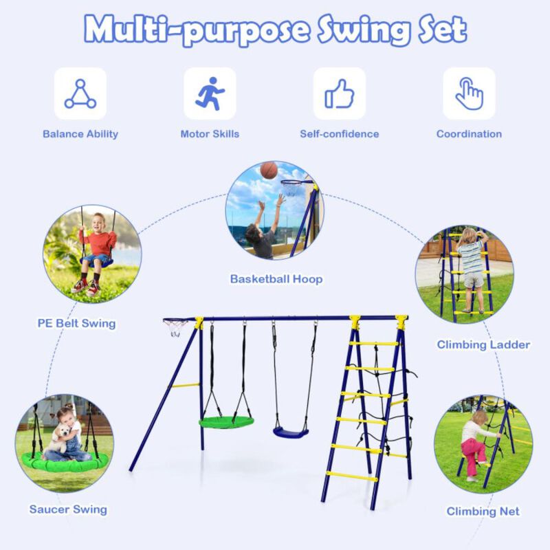 Hivvago 5-In-1 Outdoor Kids Swing Set with A-Shaped Metal Frame and Ground Stake
