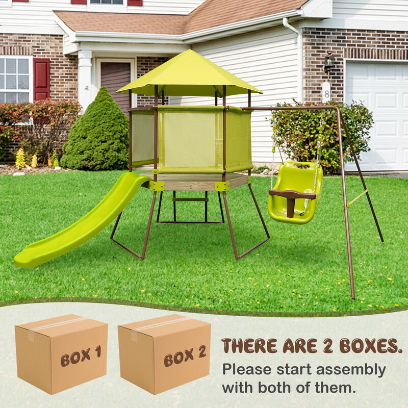 4-in-1 Swing Set with Covered Playhouse Fort and Height Adjustable Baby Seat