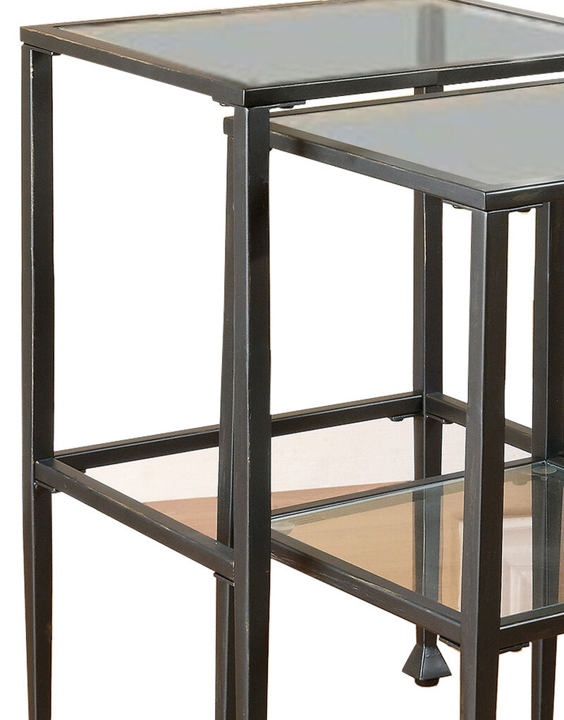 Set Of 2 Metal Nesting Tables With Glass Top, Black-Benzara