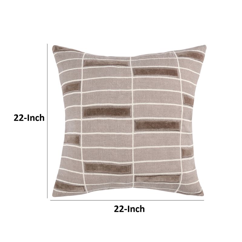 Throw Pillow, 22 Inch Hand Screen Print Geometric Design, Brown Linen - Benzara