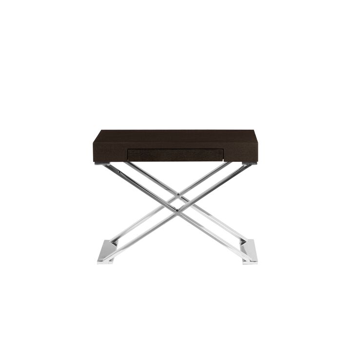 Rix 21 Inch Side End Table, 1 Drawer, X Steel Legs, Espresso Brown Wood - Benzara