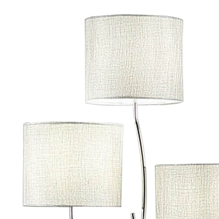 Indi 60 Inch Floor Lamp, 3 Drum Fabric Shade, Round Metal Base, Silver-Benzara