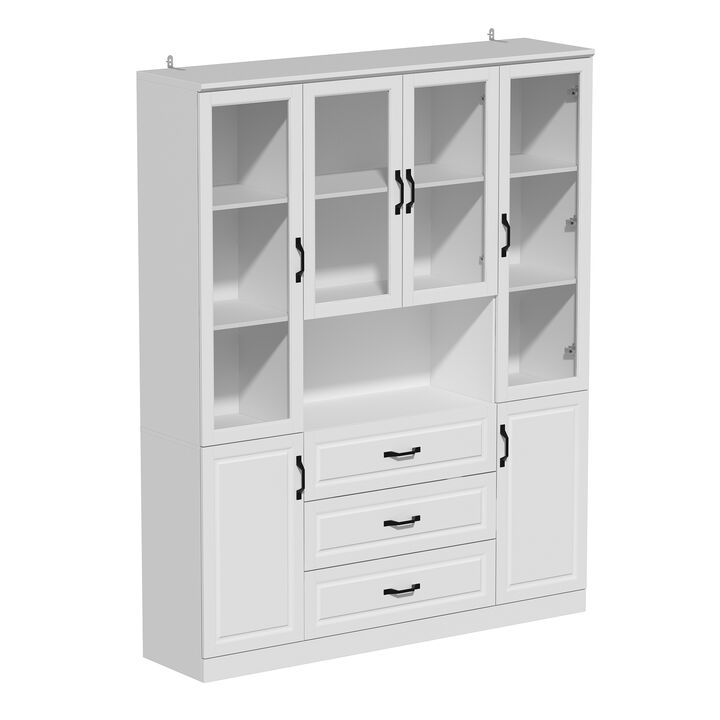 White Wood 63 in. W Buffet Sideboard Food Pantry W/Hutch, Glass Doors, Adjustable Shelves (15.7 in. D x 78.7 in. H)